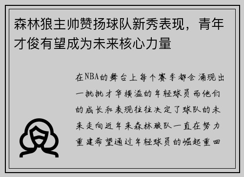 森林狼主帅赞扬球队新秀表现，青年才俊有望成为未来核心力量