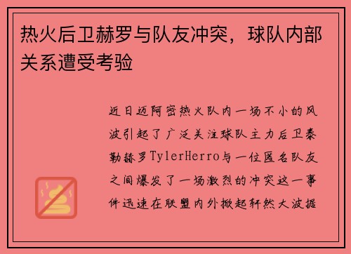 热火后卫赫罗与队友冲突，球队内部关系遭受考验